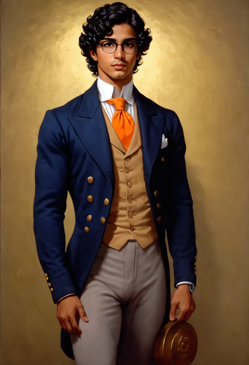 Image painting and photography, 1800's style portrait from side waist up, of a 25-year-old man, latino, short wavy black hair, small black eyes, Roman nose, small mouth thin lips, oval face, wears glasses, slender athletic toned body, tall, realistic soft tan skin, superb and arrogant look, looks straight at the camera, the navy blue jacket dress,  Orange tie, white shirt, holds a gold coin, window background watch storm headlamp