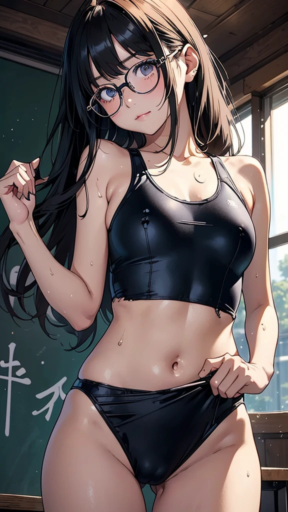 (Superflat, Flat Shading, Flat Color:1.1)、(Magazine Cover)、An illustration、(Boyish Asian Girl)、(cute:1.2)、Very beautiful 14 year old manga girl、Great smile、Blushing cheeks、(Skin with attention to detail: 1.2)、Photorealistic anime girl rendering、Realistic Anime 3D Style、cuteボブカット、Beautiful brown hair、Intense black eyes、Strong eye highlights、(Detailed、Medium Chest)、Perfect Anatomy、My hair is messy、Old-fashioned school swimsuit、((A torn and tattered school swimsuit))、White school swimsuit、((Wet))、From below、Showing off her school swimsuit、Small school swimsuit、Angle from the feet、From belowの角度、((From below見上げるアングル、Showing crotch))、Volumetric lighting、Soft Light、bright、neon、Vibrant colors、Watercolor、((Black-rimmed glasses))、Bangs that cover the eyes、Big Breasts、Soaking wet