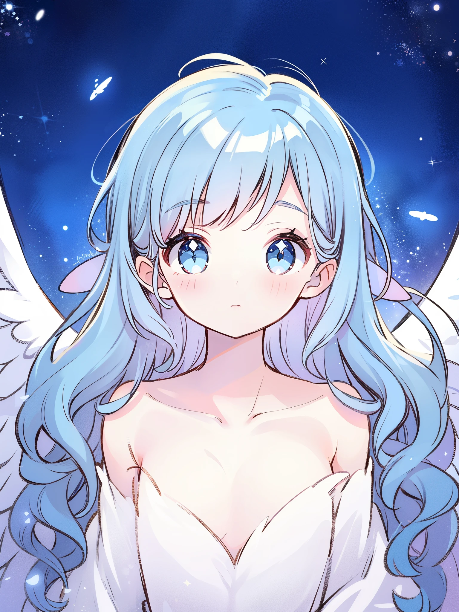 nude angel girl wearing an ethereal translucent dress, pale skin, ((blue mint wavy hair)), white feathers, angel wings, sparkling detailed eyes, golden ratio face, perfect composition, highly detailed, ethereal, (starry night sky background), midjourney style