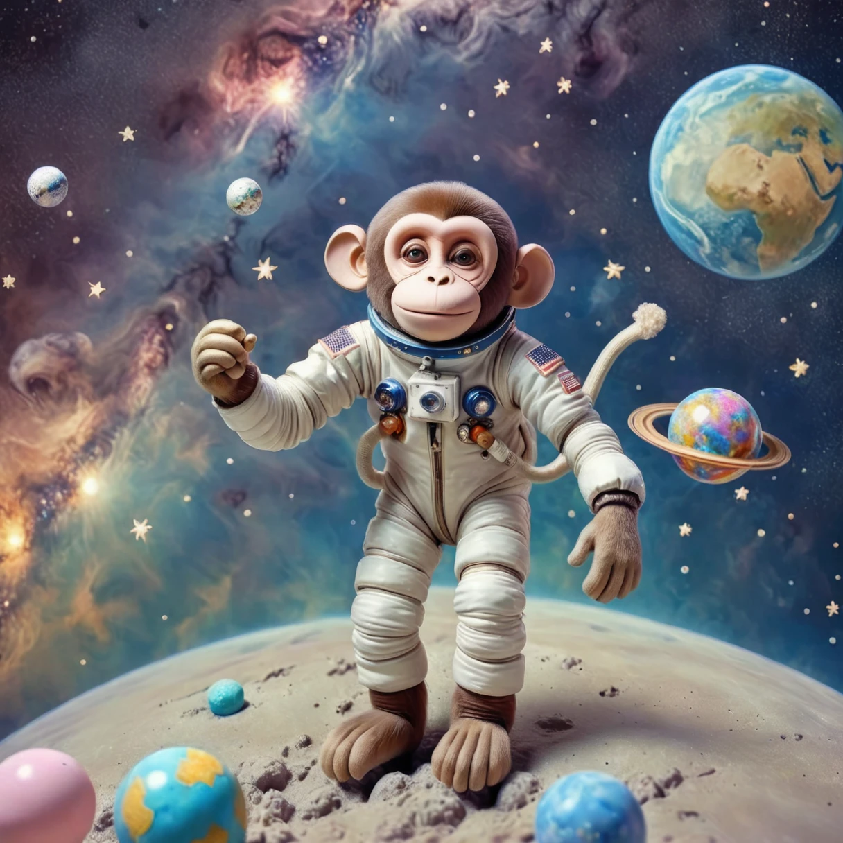 replicate last two images, Anime, Drawing of a monkey astronaut floating in space, in a vintage space suit with a serene expression. The background features a starry sky with colorful nebulas and Earth in the distance. The scene should have a soft, peaceful tone with pastel colors and gentle lighting, evoking tranquility and introspection. Include small twinkling stars, planets, and soft meteors to enhance the relaxing, dreamy atmosphere.