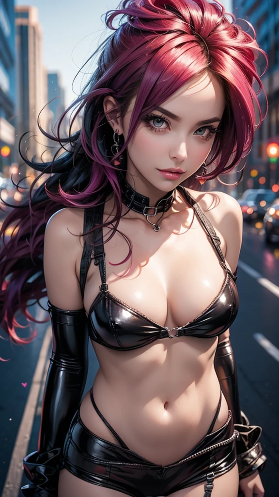 a pretty hungarian girl,big tits,rounded,with a t-string thong,topless,seductive smirk,long hair,messy,fluffy,in a neon disco club