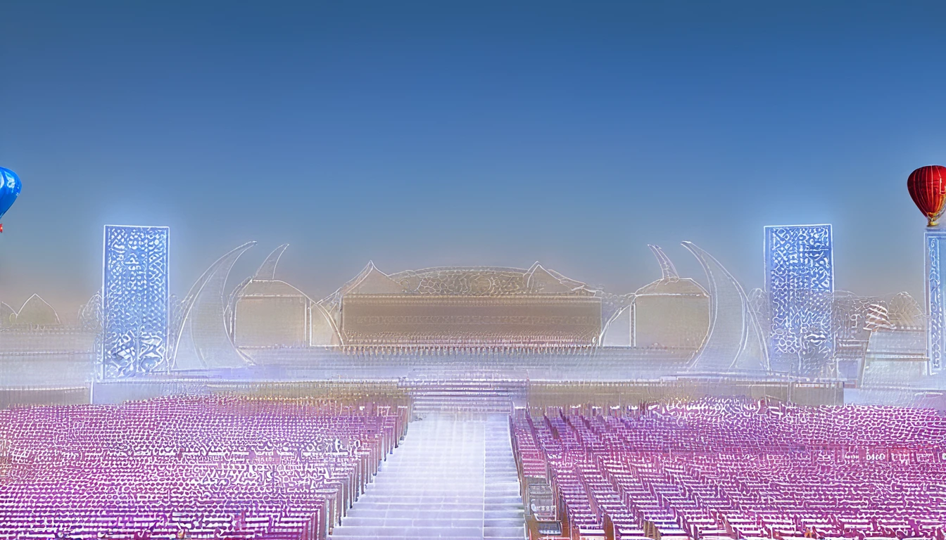masterpiece,C4D,OC Renderer,high quality,Bright hues,Outdoor event stage design 3D rendering, Tibet, LED screen, two red podiums and blue seats, Grass, chairs, mountains, hot air balloon, snow, mountains, white, panoramic view