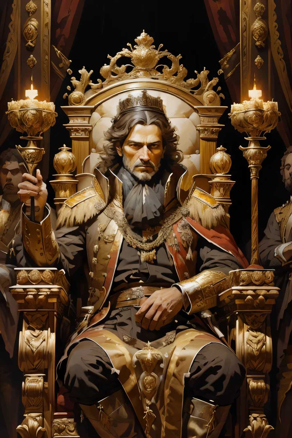 (oil painting,brush strokes),(18th century),(king sitting on the throne),(detailed facial expression),royal outfit,Royal surroundings,wooden crown and scepter,Historical setting,soft lighting,rich color palette,luxurious textures,Estilo Retrato,extremely beautiful classical art