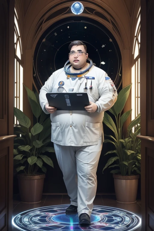1man, Art Nouveau Style, heavy ink lines,Photography Varied view, dynamic photography, He is wearing prescription glasses with clear red lenses,(((He is very chubby and is in the laboratory doing research on plants and vegetables with other Astronauts))), Inside the spacecraft. Walking in the laboratory, Full body photo Full body photo. He is holding a holographic LED tablet. (((In front of you is a hologram of an LED plant))).. Full body photography Full body photography different angles of the image. Different image angles