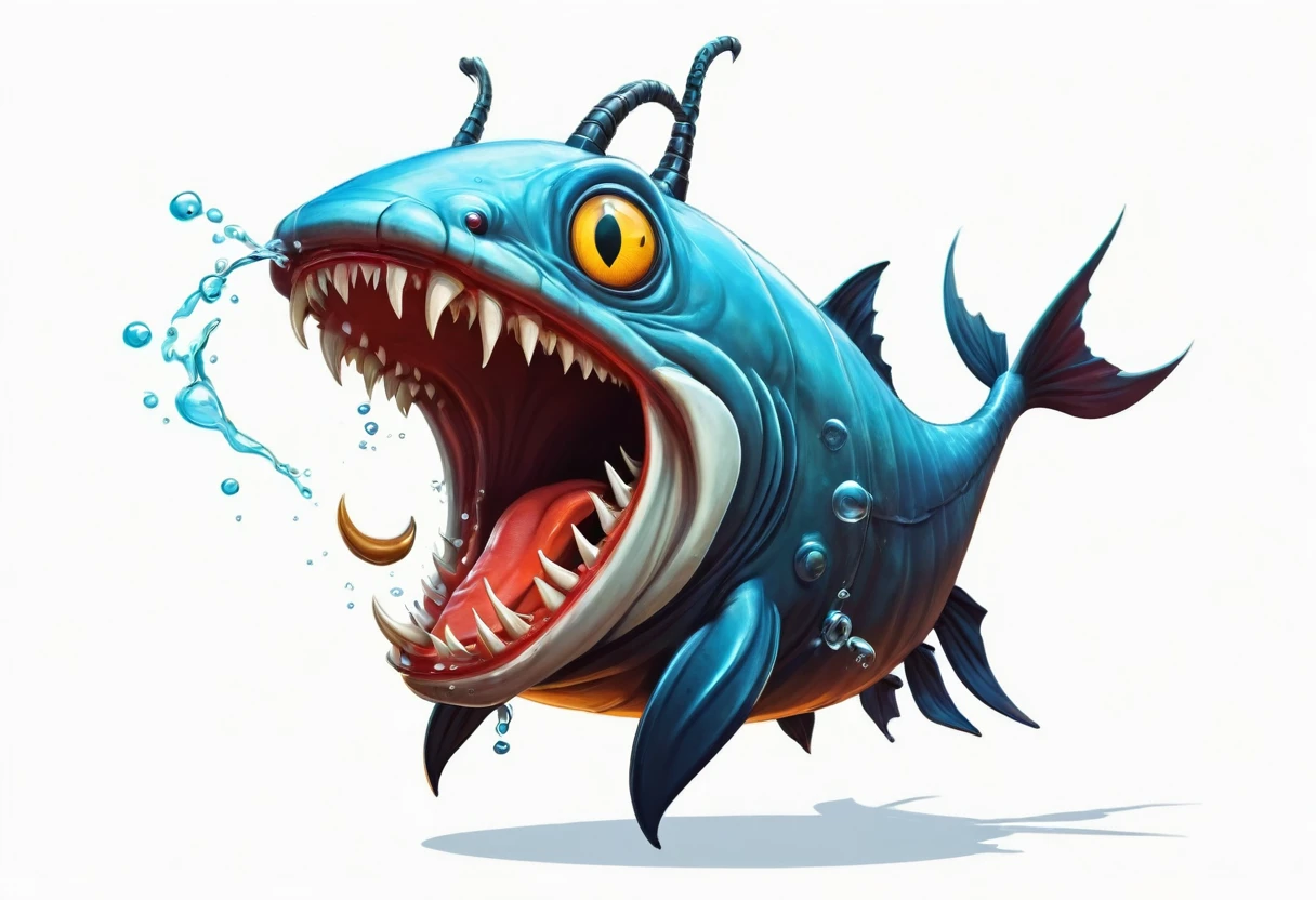 A catfish,Faucet,Horns on the head,fear,Scary,Huge teeth,ferocious,(((side view:1.2))),White background,cartoon,Second Dimension