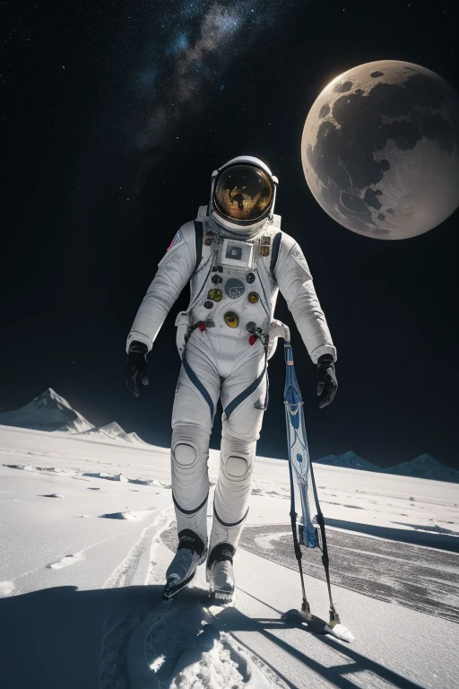 1man, Art Nouveau Style, heavy ink lines,Low angle , floor , Daytime lighting in a frozen environment, floor com neve, astronaut wearing space suit is walking on the ice planet and observes something impressed by an alien structure , full body photography full body image. Environment overview. He is accompanied by a terrestrial exploration robot.. Full body photography Full body photography different angles of the image. Different image angles