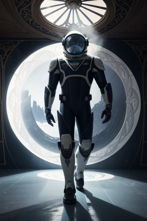 1man, Art Nouveau Style, heavy ink lines,Low angle , floor , Daytime lighting in a frozen environment, floor com neve, astronaut wearing space suit is walking on the ice planet and observes something impressed by an alien structure , full body photography full body image. Environment overview. He is accompanied by a terrestrial exploration robot.. Full body photography Full body photography different angles of the image. Different image angles