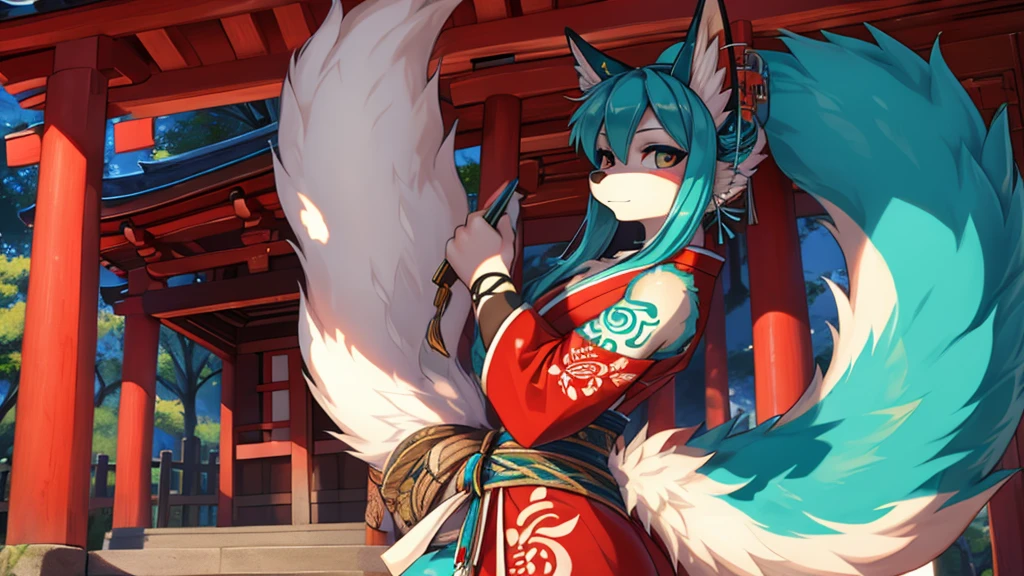 Miku Hatsune, add high definition_detail:1, blue fur,kitsune ears, tribal tattoo add_detail:1, arms in the air, japanese shrine costume add_detail"1