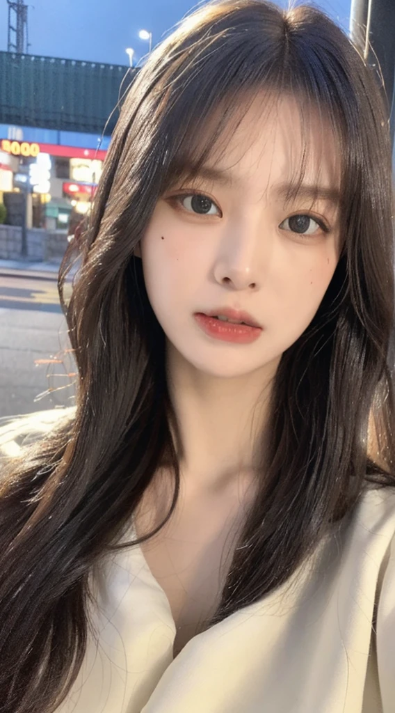 ((Best Quality, 8K, Masterpiece:1.3)), Focus:1.2, Perfect Body Beauty:1.4 , ((Air Bangs:1.2)), (Night, Street:1.3), Highly Detailed Face and Skin Texture, Fine Eyes, Double Eyelids, Whitened Skin, (Long Hair: 1.3), (Round Face: 1.5), (JK: 1.6)