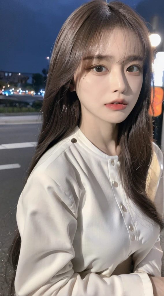((Best Quality, 8K, Masterpiece:1.3)), Focus:1.2, Perfect Body Beauty:1.4 , ((Air Bangs:1.2)), (Night, Street:1.3), Highly Detailed Face and Skin Texture, Fine Eyes, Double Eyelids, Whitened Skin, (Long Hair: 1.3), (Round Face: 1.5), (JK: 1.6)