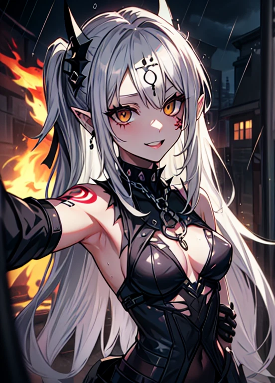 perfect work of art, dark theme, (Caucasian skin: 1.2), 1 girl, (medium breasts: 2.0), (sensuous), armors, yellow  eyes, pointy ears, hair green, necklase, Gothic_punk, teeths, ssmile, chain, (spiky hair: 1.1), choker sp1k3, torn garments, (forehead protector: 1.5, konohagakure symbol, tatoo), Ablaze, Ablaze eyes, smoke, colorful spot, villany, (Night rain: 1.21), (trunk: 1.21 selfies: 1.1