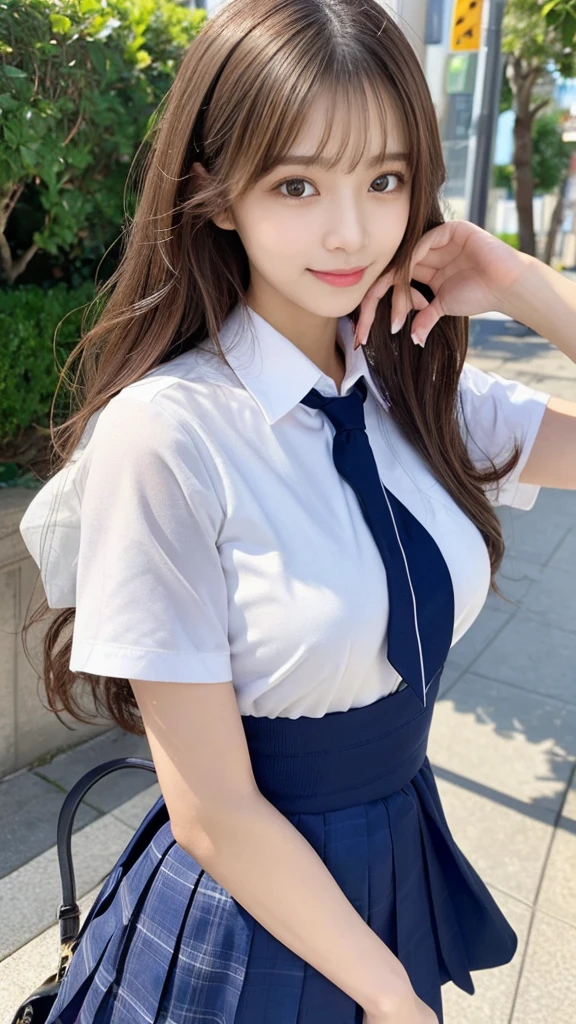 (Detailed skin:1.2),(Shiny skin:1.1),8K,Highest quality, masterpiece, Ultra-high resolution,(Realistic:1.4), RAW Photos,(Soft saturation:1.3),(Fair skin:1.2),Japanese Idols,repair,20 years, Light brown hair, （Shore Surf:1.2)、（Long Hairstyles:1.2), Asymmetrical Hair, Asymmetrical bangs (Pretty face:1.4), (Large Breasts, Tight waist), Beautiful lighting, Small Head, (Student Uniform:1.2,),Highly detailed face, Highly detailed lips, fine grain, double eyelid,（Full Body Shot）, Browsing Caution, （Sharp focus: 1.2）, （Perfect Anatomy、Beautiful woman with perfect figure: 1.2）、Random sexy poses，Accentuate your leg lines、Smiling