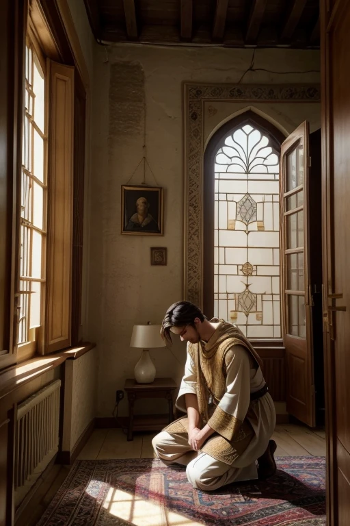 Create an evocative image of Daniel in prayer, inspired by the biblical verse where Daniel, upon hearing about the decree, goes to his home and upstairs to his room where the windows face Jerusalem. The scene should be set in ancient Babylon, capturing the historical context with authenticity.
Daniel, portrayed as a devout young man, is kneeling in a modest, ancient-looking room with stone or clay walls. The room should have a simple, elevated platform where Daniel kneels, facing an open window that offers a view towards distant Jerusalem. The window could have a subtle indication of Babylonian architecture around it.
The atmosphere should convey a sense of devotion and gratitude. Daniel's expression should reflect his faithfulness and his deep connection to God. The room should be lit softly, with gentle daylight streaming through the window, casting a warm glow on Daniel and the surroundings.
Include details such as traditional Babylonian furnishings, like woven rugs or earthenware pots, to enrich the historical authenticity of the scene. Focus on textures, from the rough-hewn walls to the softness of Daniel's garments, to enhance the visual narrative of prayer and reverence.