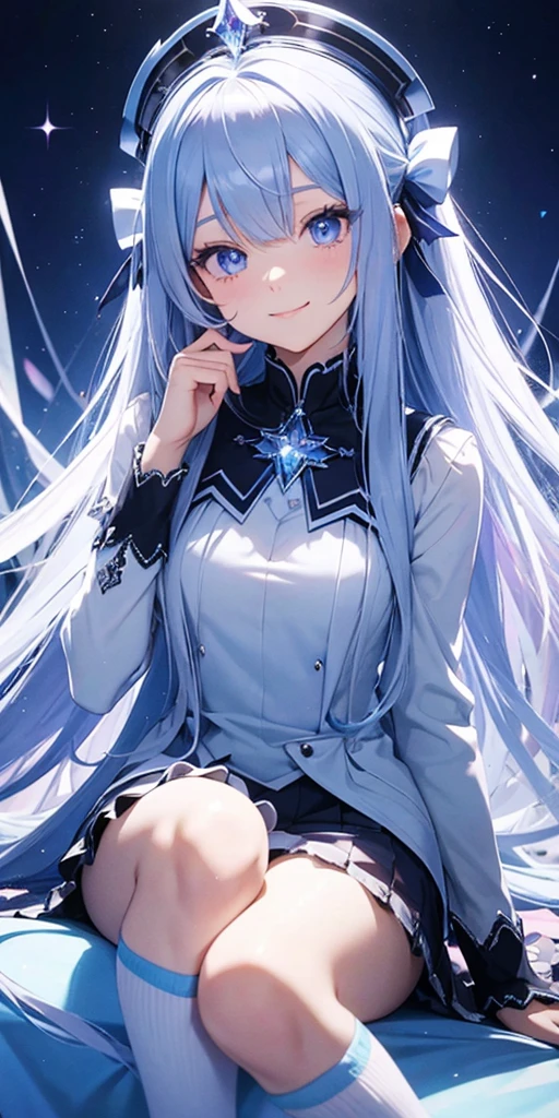 Blue long hair, using long socks,left eyes blue,right eyes purple, having a light blue glowing hallow at head with a crystal design, look foward, closing mouth, smile,innocent and cute face,dressed in aristocratic clothes, Royal clothe design,teenage body, HD painting, midnight sky background full of star, HD detail, anime graphics HD,soft girl