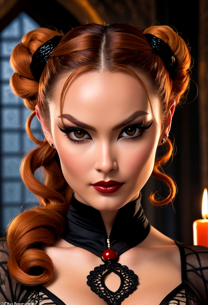 Extreme face close-up shot Tori Black asian catwoman, ringlets wavy five feet long orange hair, updo hairstyle with ponytail on one side and long hairpins holding the bun long braid, dark red glossy lips, heavy black eye shadow long black eyeliner, long sharp claws, black lace beautiful and creative catwoman bodysuit with no jewels, huge cleavage, clear ears no earrings, no earrings, no earrings, no earrings, no jewels, beautiful forehead lace ornament, posing in a feminine catwoman den, happy expression, dark ambience night time candle lights. No faces on her chest!