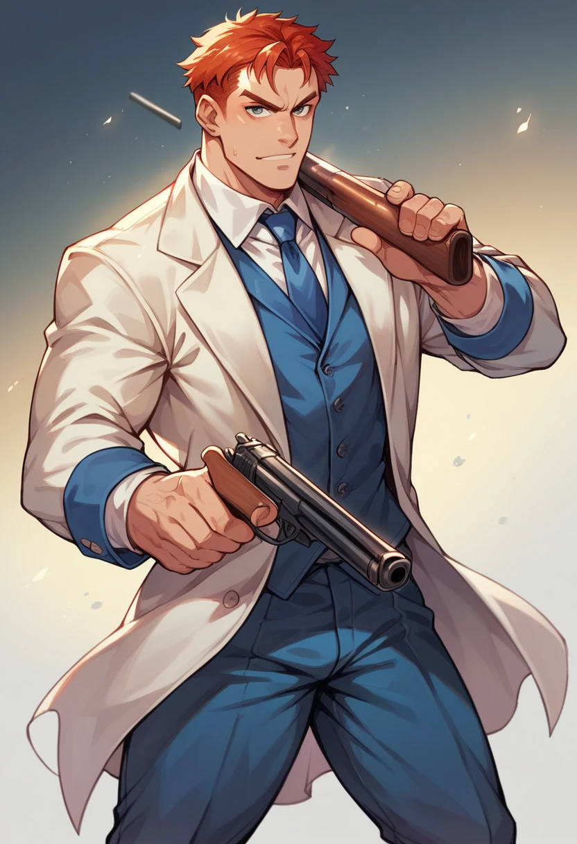 generates a grown man, wearing suit, with Scottish features, redhead and is holding a shotgun, he is strong and a former street fighter