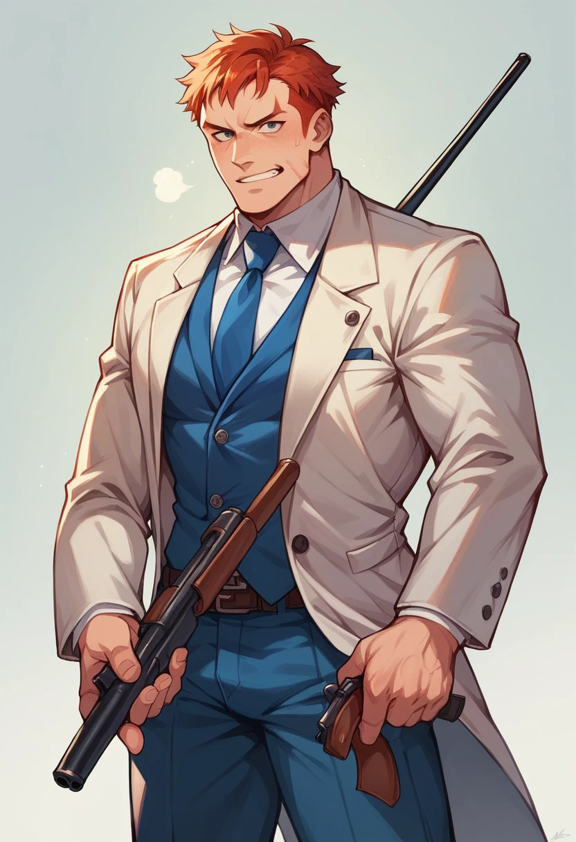 generates a grown man, wearing suit, with Scottish features, redhead and is holding a shotgun, he is strong and a former street fighter