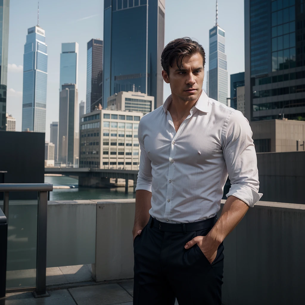 "Generate a hyper-realistic image of a man in his early 30s, exuding determination. He stands tall with a confident posture, eyes focused forward with a look of unwavering resolve. He is dressed in professional attire, a crisp white shirt with sleeves rolled up, and dark trousers. The background shows an urban setting with skyscrapers, symbolizing ambition and goals. His clenched fists and firm jawline further emphasize his determination."


