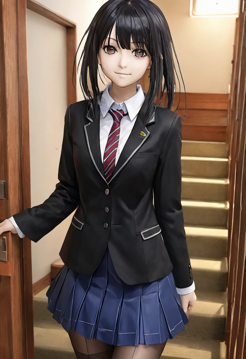 ultra-detailed,highly detailed,best quality,masterpiece,illustration,realistic, photo,photorealistic,
1girl, tokisaki kurumi,cosplay,hair over one eye, looking at viewer, happy girl,low twintails,
, blazer, collared shirt, neck ribbon, pleated skirt, pantyhose, hair rings, loafers,
indoors, walking, stairwell, 
