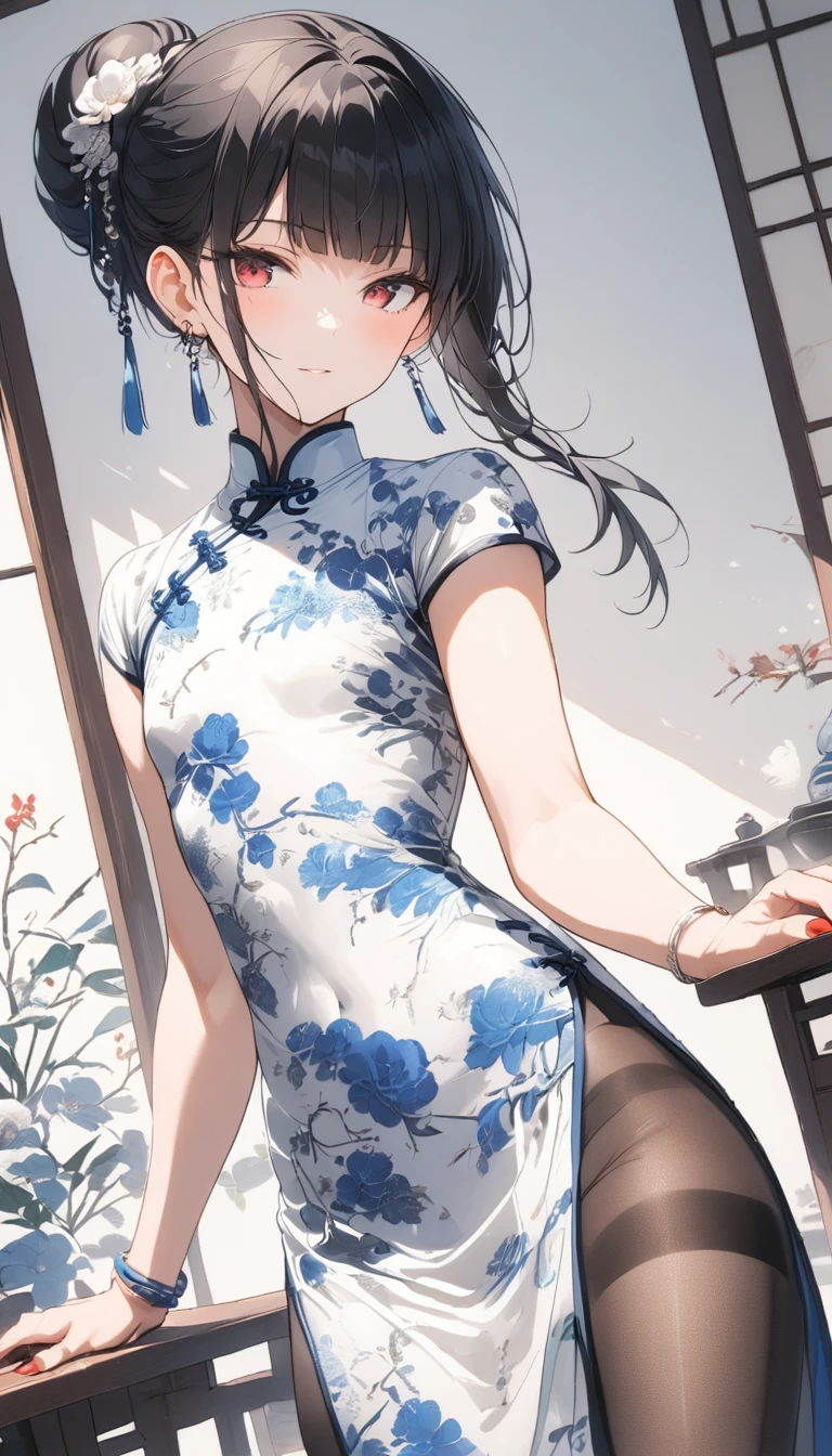 1man,(mature male),cool face,35 year old,red eyes,flat_chest,seductive smile,blue and white Chinese-style clothing,blue and white Chinese dress,blue and white Chinese qipao,blue and white floral print print,standing,black hair,very long hair,long bangs,mole under mouth,updo,jewelry,blue and white chinese clothes,print dress,sleeveless,shawl,hand fan,legs_apart,bulge,looking at viewer,indoor,(teahouse),earrings,red nails,holding,bracelet,solo,holding fan,hair ornament,