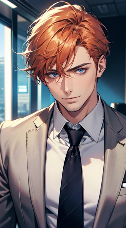 (best quality,4k,8k,highres,masterpiece:1.2),ultra-detailed,(realistic,photorealistic,photo-realistic:1.37),1 man,31 years old,mature man,very handsome,without expression,smile,short grey b
Orange hair,blue eyes,penetrating gaze,perfect face without errors,imposing posture,businessman,office background,cinematic lighting,hdr image