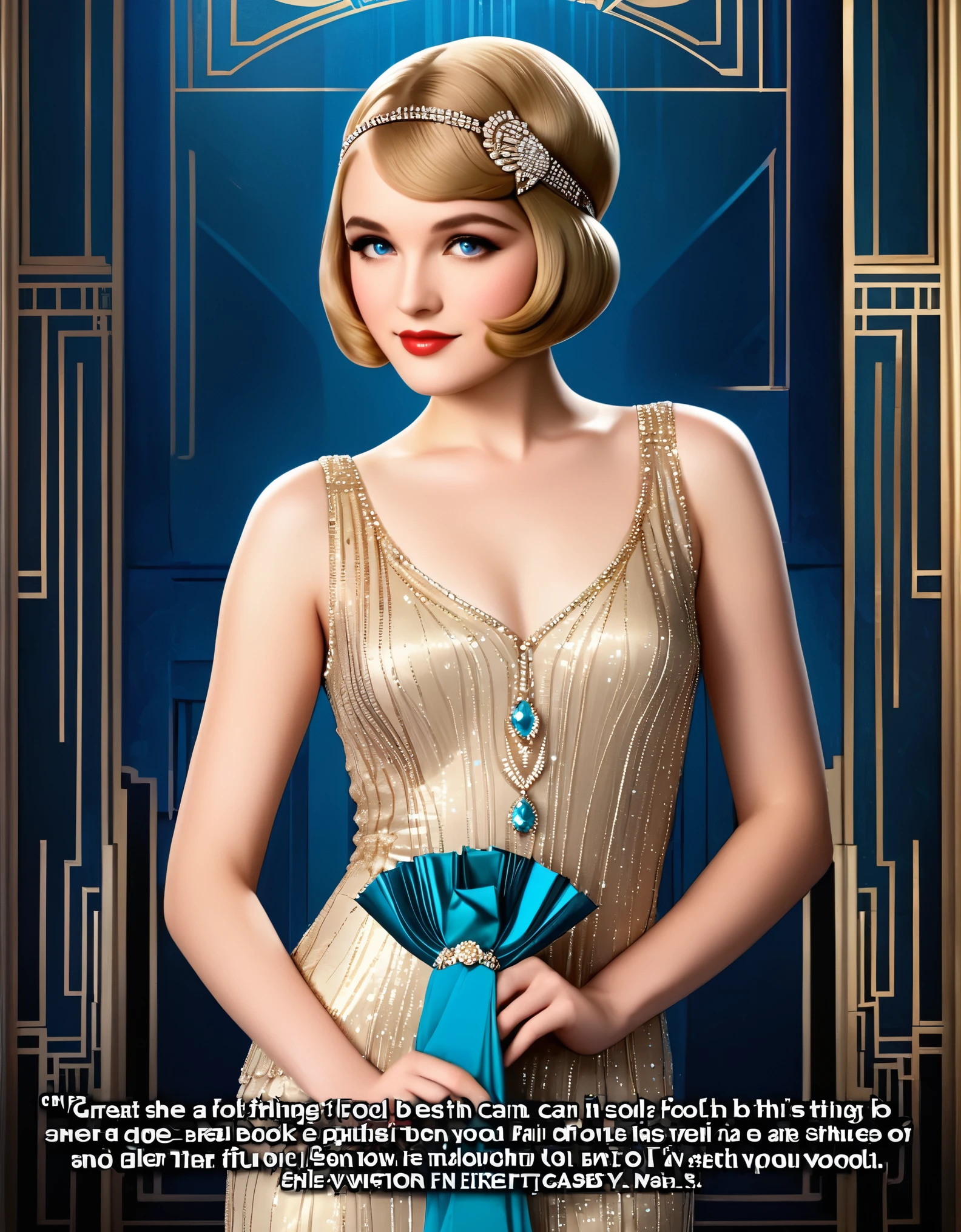 Create an image that visually represents the quote "I hope she'll be a fool — that's the best thing a girl can be in this world, a beautiful little fool" from the book "The Great Gatsby" by F. Scott Fitzgerald.
The image should depict a young woman in the 1920s, dressed in the fashion of the era, with a dreamy and innocent expression on her face. She could be in a luxurious, opulent setting, perhaps surrounded by extravagant parties, but her gaze should be distant and somewhat oblivious to the world around her. This image should capture the idea of societal expectations and the desire to shield someone from the harsh realities of the world, as expressed in the quote.