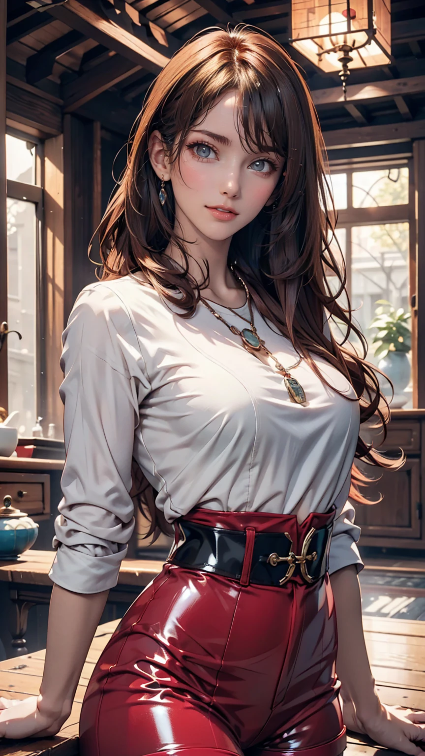 women, natural redhead, by the wide, 2 braids, Whole body, standing, short black skirt, White off-the-shoulder shirt, yellow eyes, chest a little big, Leaning on the entrance of a door, View up, flirtatious smile, mischievous smile.