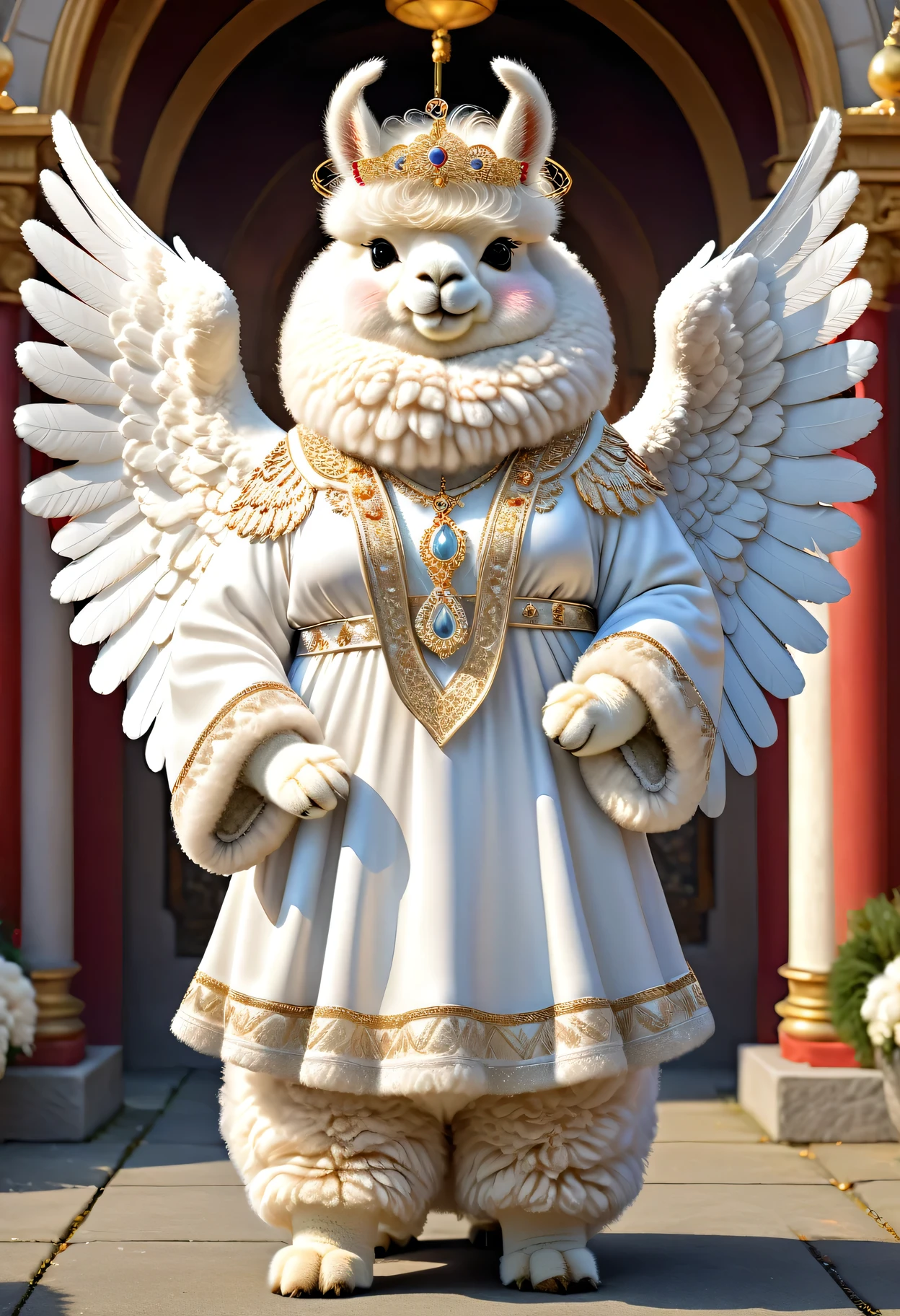  photorealistic portrait of Dressed animals-a ((fat)) ((seal)) angel,(), (elegant pose:1.5), (hands on hips:1.5),(smile:1.5),high quality,(angel wings),(lovely) ,intricate details, Wearing angel clothes , (angel's ring above head), highly detailed ((angel wings)) ,highly detailed decorations of clothes, angel boots , (happy), soft lighting,(full body image:2.0),holy temple background,clouds,score_9, score_8_up, score_7_up, score_6_up, score_5_up, score_4_up,
