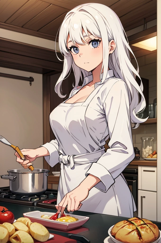 Woman in kitchen, white hair, slightly wavy hair, looking at camera while cooking fancy food