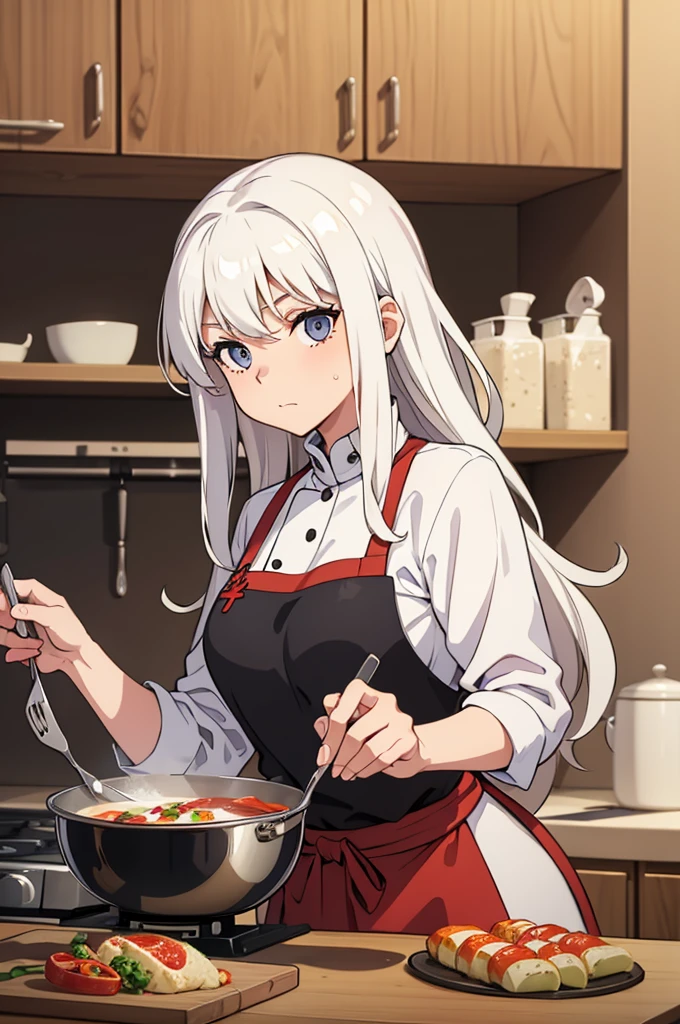 Woman in kitchen, white hair, slightly wavy hair, looking at camera while cooking fancy food