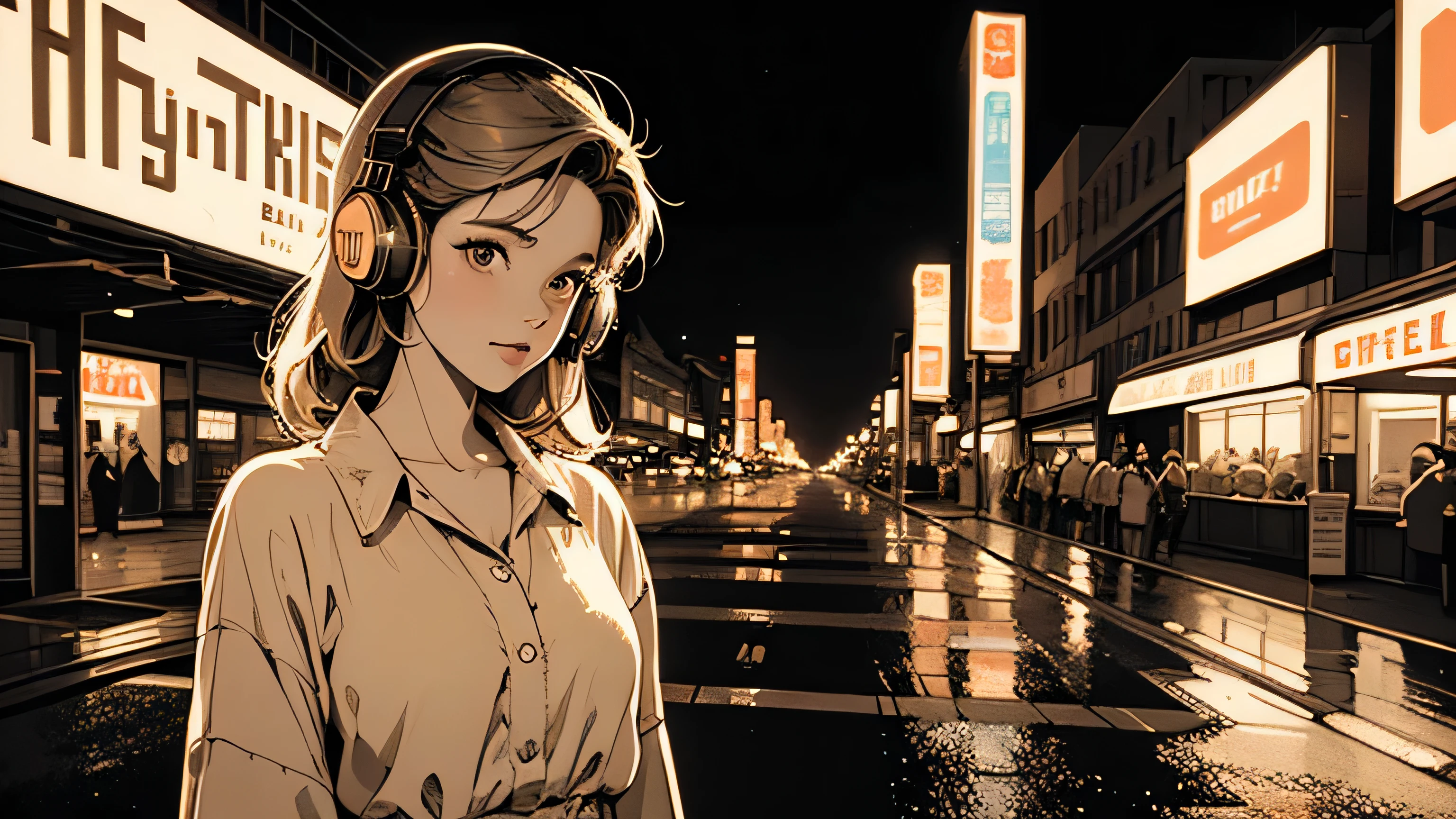 Retro night city, neon signs, road surface after rain, 80s fashion girl with headphones, sepia tone, soft light, nostalgia, urban night, 8-bit style pixel art elements, film grain effect