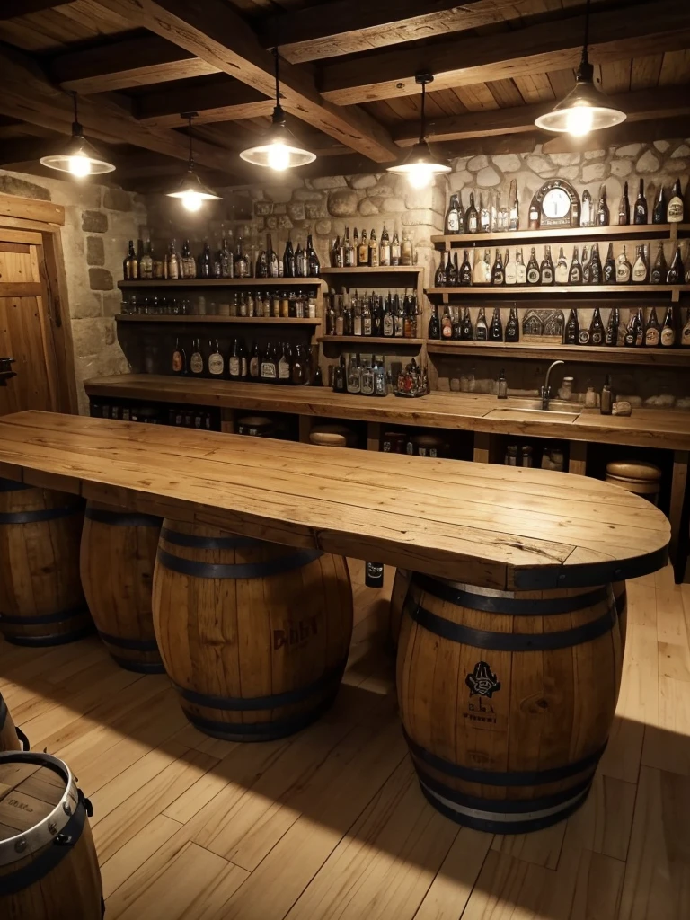 A close, sitting pov wiew photo, of a small beer cellar with a beer barrel on the right and table on the left with pint of beers on it, Pov you are sitting on a hair, you see a beer barrel on the right and next to it towards it left, you can see some classic pints of beer