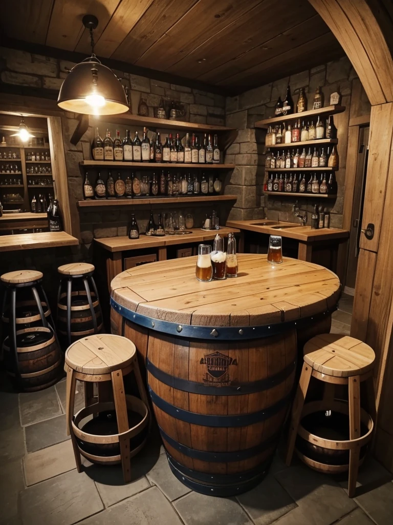 A close, sitting pov wiew photo, of a small beer cellar with a beer barrel on the right and table on the left with pint of beers on it, Pov you are sitting on a hair, you see a beer barrel on the right and next to it towards it left, you can see some classic pints of beer