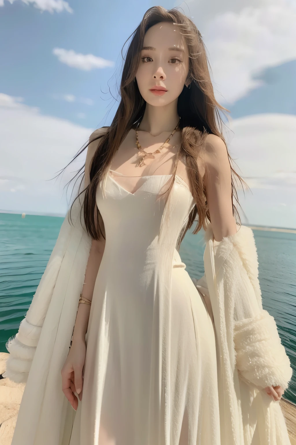 Beautiful woman with perfect body：1.4，Layered Hairstyle，Highly detailed face and skin textures，Double eyelids，Skin Whitening，Long hair，Whitened long legs，（Wedding dress，necklace），Standing by the sea，Half-length photo