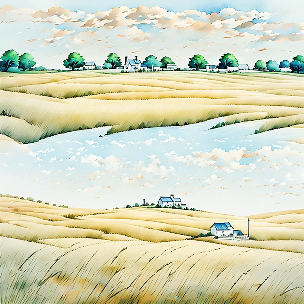 watercolor, minimalism, home with field, solid background with light blue, with phrase "A good home must be made, not bought"