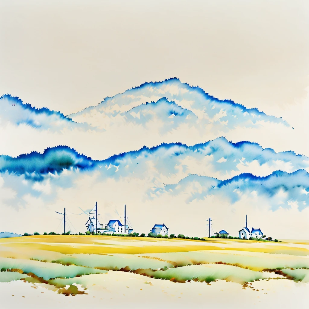 watercolor, minimalism, home with field, solid background with light blue, with phrase "A good home must be made, not bought"