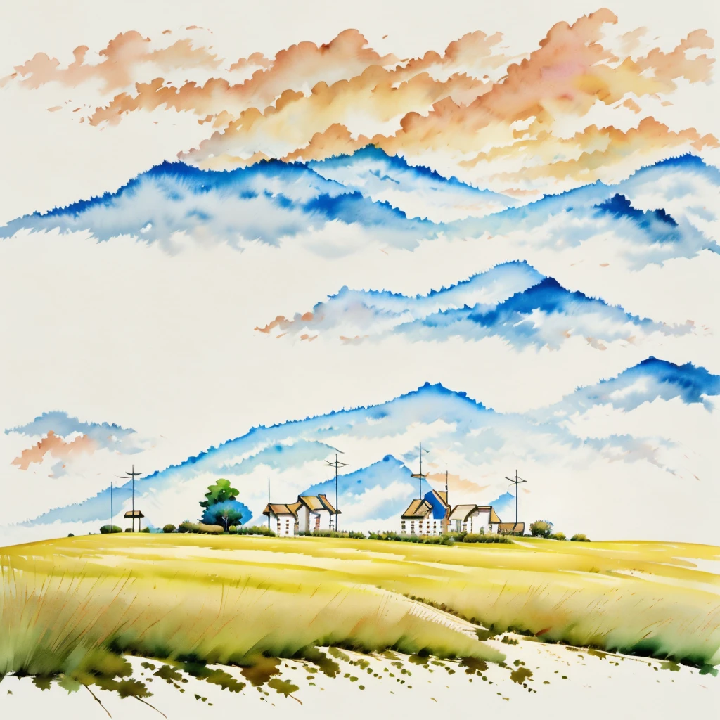 watercolor, minimalism, home with field, solid background with light blue, with phrase "A good home must be made, not bought"