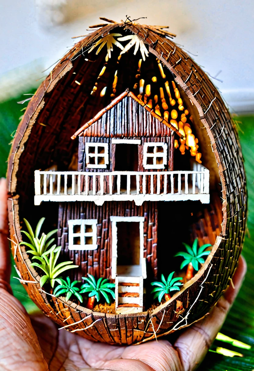 a miniature house in half a coconut shell, 2 floor, miniature fourniture, intricate , macro lens, by artgerm, wlop