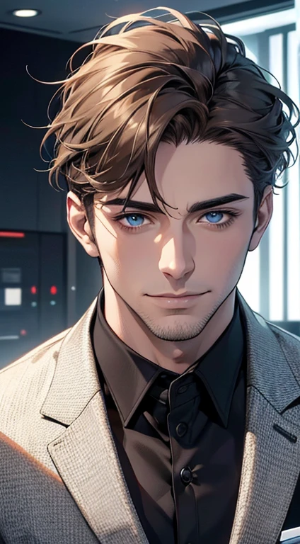 (best quality,4k,8k,highres,masterpiece:1.2),ultra-detailed,(realistic,photorealistic,photo-realistic:1.37),1 man,31 years old,mature man,very handsome,without expression,smile,short grey brown hair,blue eyes,penetrating gaze,perfect face without errors,imposing posture,businessman,office background,cinematic lighting,hdr image