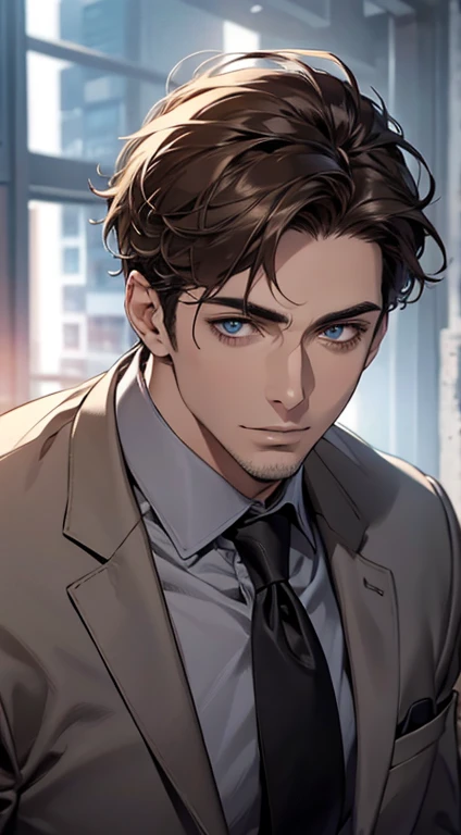 (best quality,4k,8k,highres,masterpiece:1.2),ultra-detailed,(realistic,photorealistic,photo-realistic:1.37),1 man,31 years old,mature man,very handsome,without expression,smile,short grey brown hair,blue eyes,penetrating gaze,perfect face without errors,imposing posture,businessman,office background,cinematic lighting,hdr image