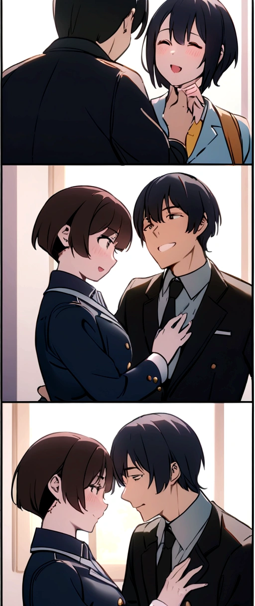 The girl is standing on a chair、The boy is standing on the ground。The two are embracing each other。
Gently pat your head