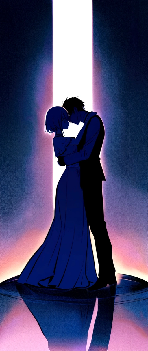 The girl is standing on a chair、The boy is standing on the ground。The two are embracing each other。
Gently pat your head