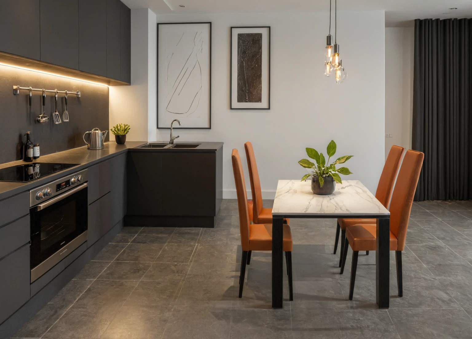 Modern kitchen, faucet, kitchen cabinets, kitchen shelves, dining table, electric stove, gas stove, deodorizer, decorative lights, leb