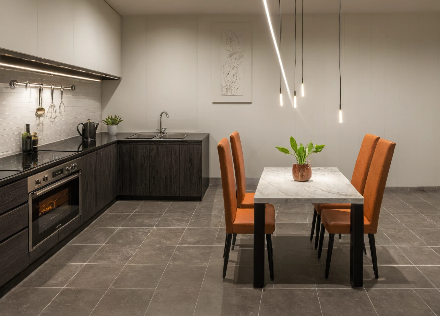 Modern kitchen, faucet, kitchen cabinets, kitchen shelves, dining table, electric stove, gas stove, deodorizer, decorative lights, leb