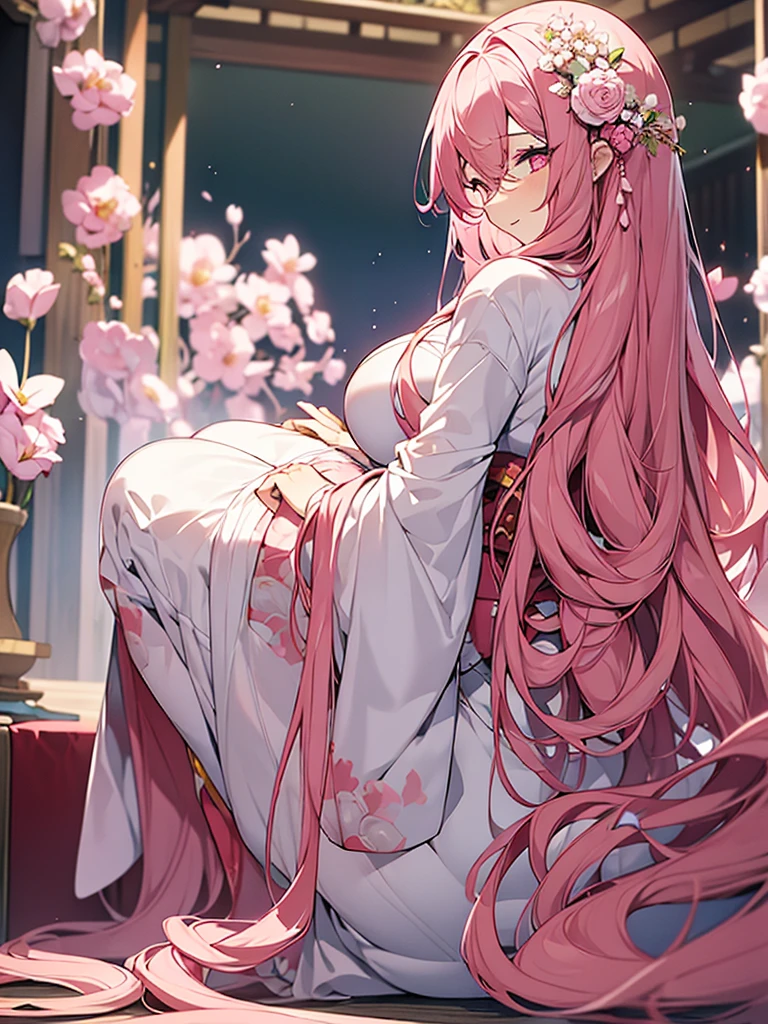 1woman, long curly pink hair, white flower on the hand, make-up, pink eyes, pink lipstick, serene face, pink and white kimono, long white stockings, pink shoes, big breasts, big ass, japanese house background