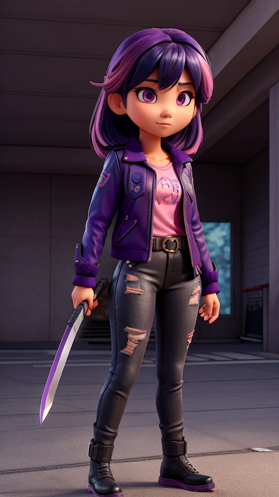 Asian woman with pink eyes and dark blue hair with bangs divided into three strands, with part of the strands dyed pink, She wears a black leather jacket with a purple shirt underneath holding a katana in a sheath that is clipped to her dark gray jeans with shiny black leather boots in a secret base in an underground parking lot 