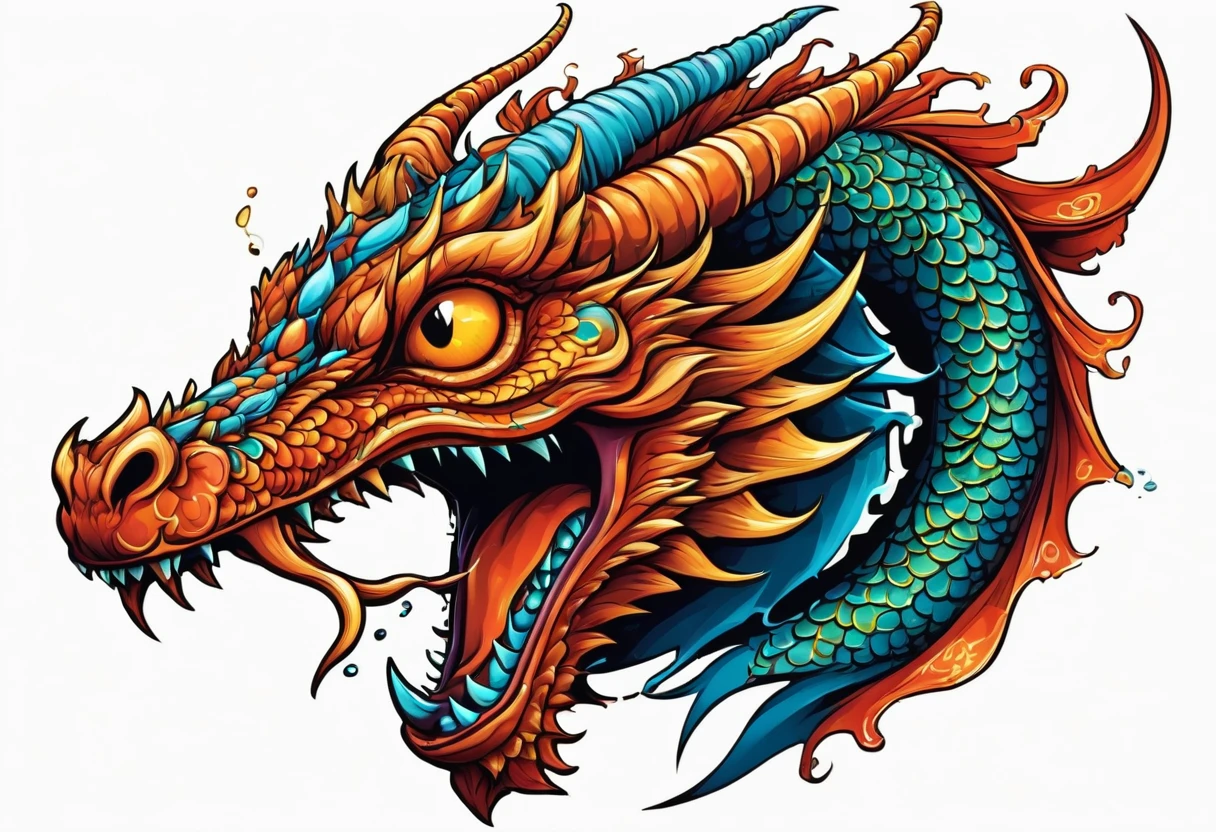 An oriental dragon，Dragon，Faucet，Horns on the head，fear，Scary，Huge teeth，ferocious，（side view：1.2），White background，cartoon，Second Dimension