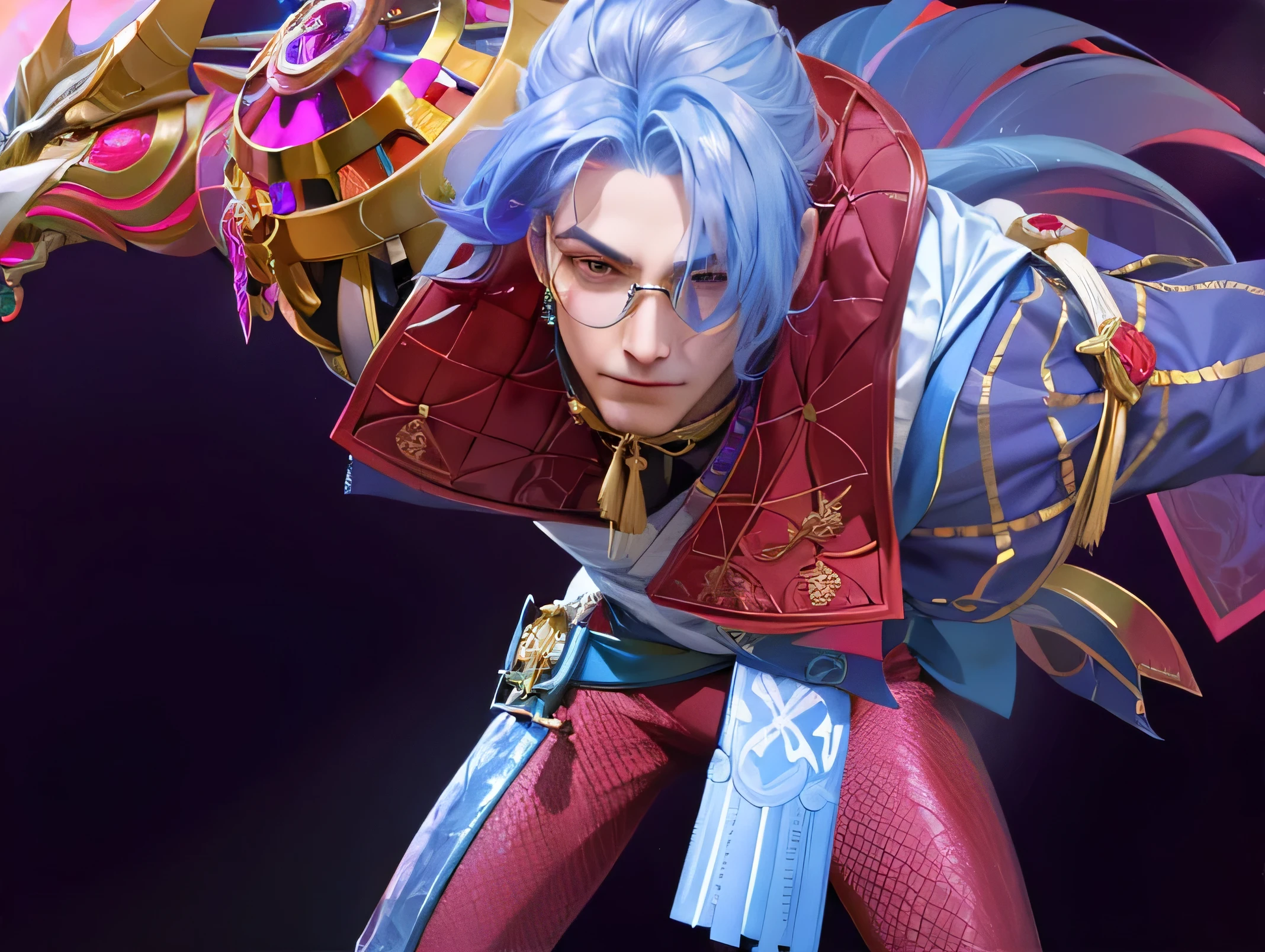 This is a close-up of a character in a video game, appearing to be male with blue hair and glasses, wearing a red and blue outfit with a gold and purple emblem on his chest, Best quality, masterpiece, detailed skin texture, detailed clothes texture, detailed face, super detail, 8k, intricate detail, 1 boy, The color doesn't change, Muscle guy, 1 guy, smile, a close up of a person with a fan in their hand, heise jinyao, inspired by Huang Shen, zhao yun, keqing from genshin impact, zhongli from genshin impact, bian lian, onmyoji portrait, inspired by Shen Zhou, inspired by Pu Hua, zenra taliyah, sylas, onmyoji detailed art