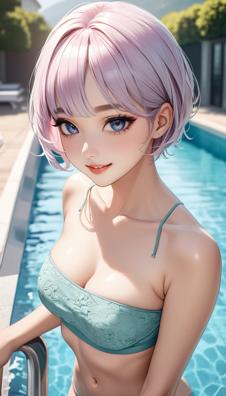(((masterpiece))),(((High resolution)))、(((8K quality)))、(((perfect face)))、(((Korean beauty))), 30 years old, (((tube top))), sexy bikini, panty, look at the camera, ((high resolution face)), ((top quality eyes)), ((detailed texture)), sexy smile, short hair, at the pool