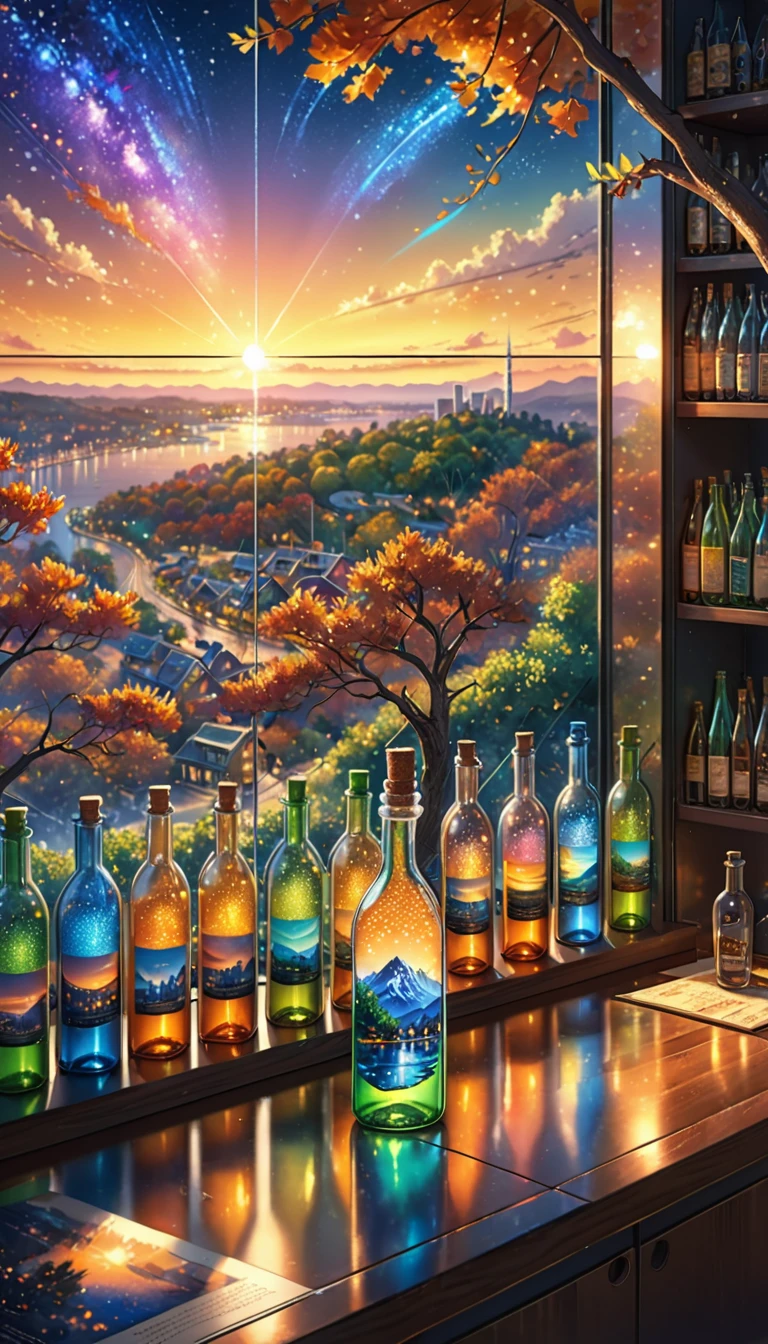 (masterpiece, best quality, Extremely detailed:1.2, Practical, super photoPractical, Practical illustration, 8K),
Professional color grading, Clear focus, Professional lighting, Depth of Field, ((landscape)), ((Science Fiction)), ((Concept Art))
Close up of bottle,
Sparkling colors,afternoon, Fall, Big Tree, starry night, Sunset, A city in a glass bottle, filling glass bottle with the sparkling starry night and city, filling glass bottle with the Sunset view, There are many glass bottles on the shelf, Shelves for storage in the house,